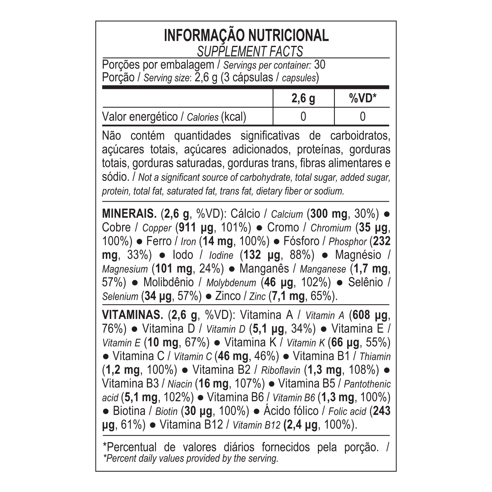 Multimax Complex - Tabela Nutricional